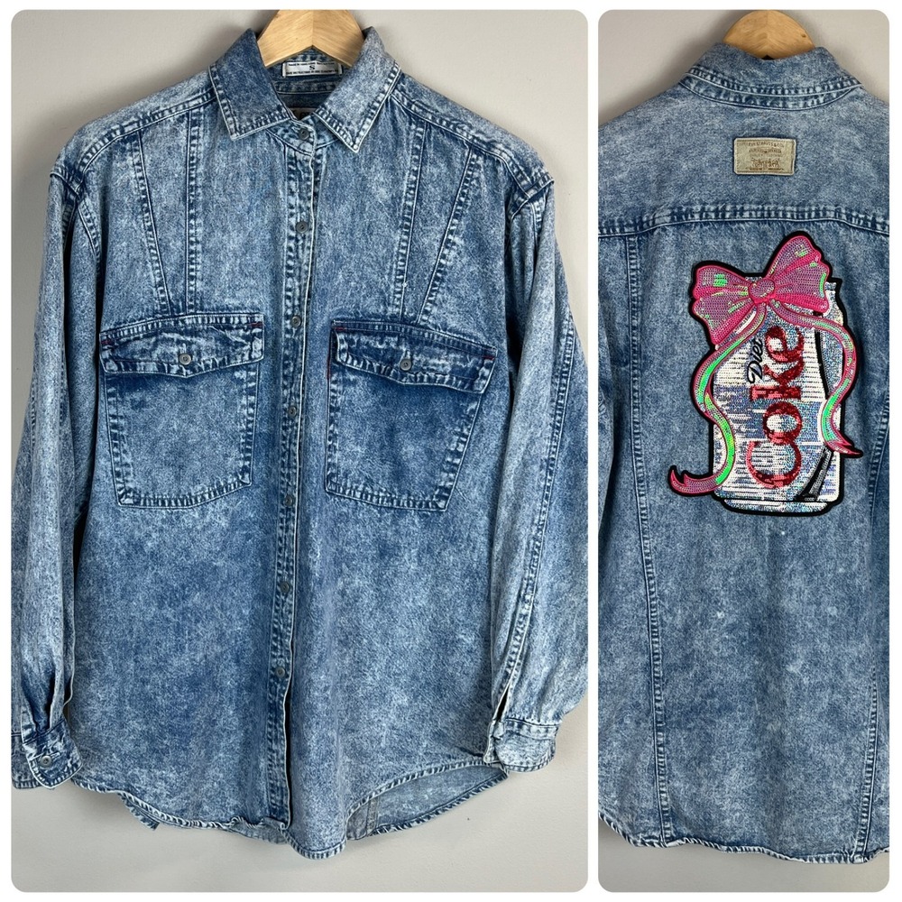 Vintage 80s Levis Sportswear Acid Wash‎ Denim Button Up Shirt Small Sequin Bow S